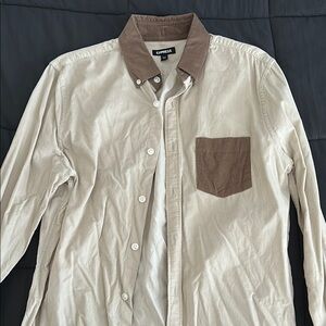 Express Beige and Brown Button-Up Shirt